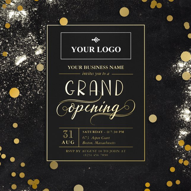 Invitación Con Relieve Metalizado Black & Gold Wide Logo Grand Opening (Subido por el creador)