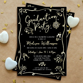 Invitación Con Relieve Metalizado Black Hand Drawn Doodle Graduation Party Real Gold