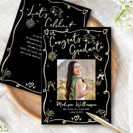 Invitación Con Relieve Metalizado Black Hand Drawn Doodles Graduate Photo Real Gold
