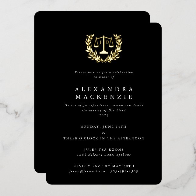 Invitación Con Relieve Metalizado Black JD Law Escales+Laurel Wreath Graduation Part (Anverso/Reverso)
