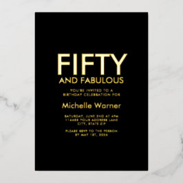 Invitación Con Relieve Metalizado Black Minimal Fifty and Fabulous 50th Birthday