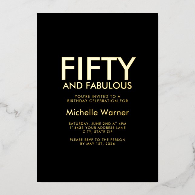 Invitación Con Relieve Metalizado Black Minimal Fifty and Fabulous 50th Birthday (Anverso)