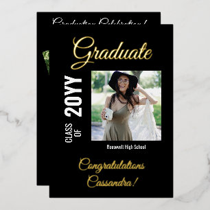 Invitación Con Relieve Metalizado Black Modern Square Photo Graduation Party