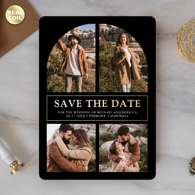 Invitación Con Relieve Metalizado Black Photo Collage Wedding Save the Date Gold (Subido por el creador)