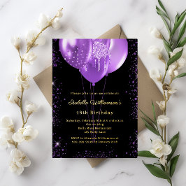 Invitación Con Relieve Metalizado Black purple balloons birthday gold