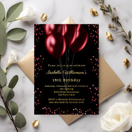 Invitación Con Relieve Metalizado Black red balloons luxury birthday gold