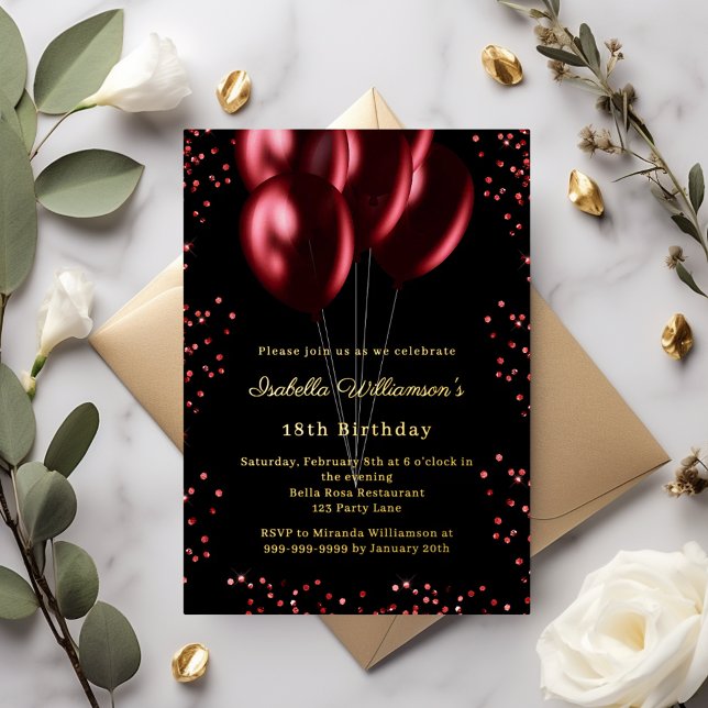 Invitación Con Relieve Metalizado Black red balloons luxury birthday gold (Subido por el creador)