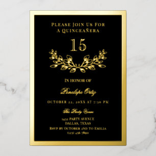 Invitación Con Relieve Metalizado Black & Relieve metalizado dorado Wreath Quinceañe