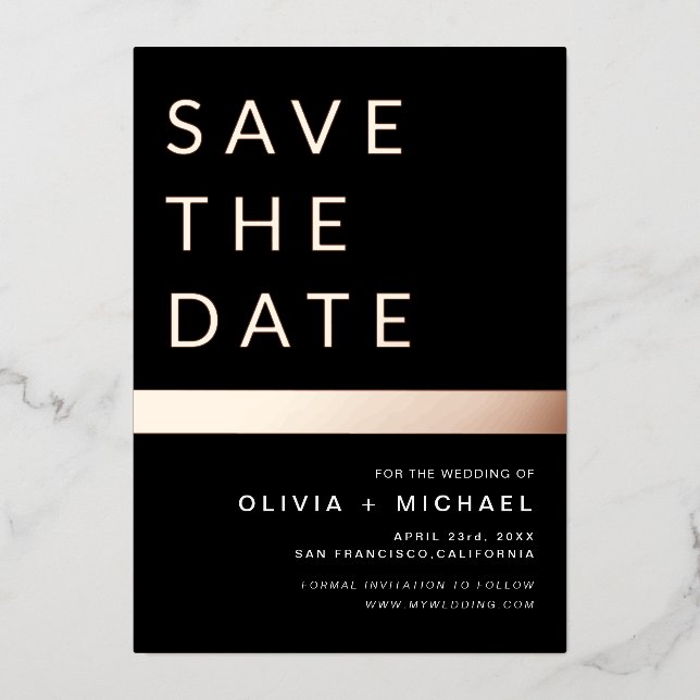 Invitación Con Relieve Metalizado Black Rosa Gold Stripe Save the Date Photo (Anverso)