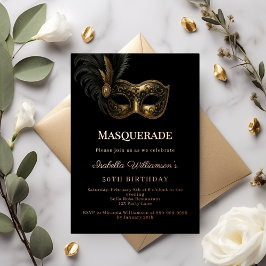Invitación Con Relieve Metalizado Black rose gold Masquerade birthday party