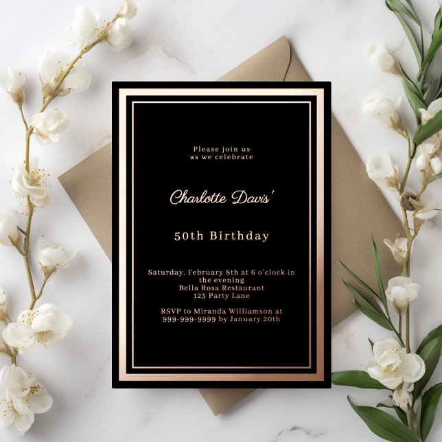 Invitación Con Relieve Metalizado Black rose gold simple luxury birthday (Subido por el creador)