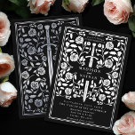 Invitación Con Relieve Metalizado Black Royal Medieval Silver Sword Wedding<br><div class="desc">Celebrate your special day with this Royal Medieval Sword Wedding design on a black background. This design features a frame with a sword and flowers. The silver on the back of this product is printed in flat colors and is NOT real foil.</div>