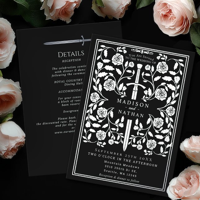 Invitación Con Relieve Metalizado Black Royal Medieval Silver Sword Wedding Details (Subido por el creador)