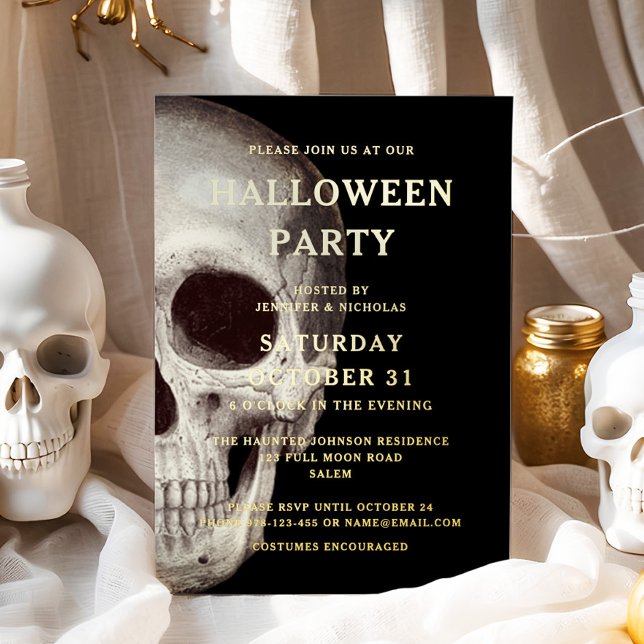 Invitación Con Relieve Metalizado Black Scary Skull Adulto Halloween Gold (Black Scary Skull Adult Halloween Gold Foil Invitation)