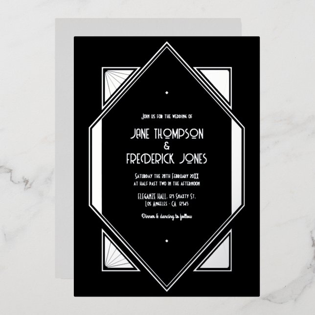 Invitación Con Relieve Metalizado Black & Silver Gatsby Art Deco Wedding (Anverso/Reverso)