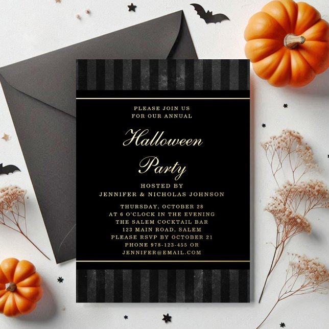 Invitación Con Relieve Metalizado Black Stripes Halloween Party Gold (Black Stripes Halloween Party Gold Foil Invitation)