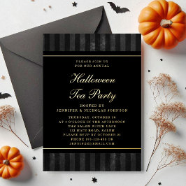 Invitación Con Relieve Metalizado Black Stripes Halloween Tea Fiesta Gold