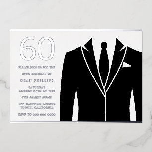 Invitación Con Relieve Metalizado Black Suit & Tie 60th Birthday Party Real Silver