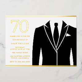 Invitación Con Relieve Metalizado Black Suit & Tie 70th Birthday Party Real Gold