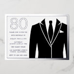 Invitación Con Relieve Metalizado Black Suit & Tie 80th Birthday Party Silver<br><div class="desc">Silver & Black Suit & Tie 80th Birthday Party Invitation Relieve metalizado plateado Dusty Rosa Ver otras invitaciones en nuestra Nest Store y Nest</div>