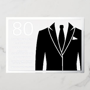 Invitación Con Relieve Metalizado Black Suit & Tie 80th Birthday Party Silver