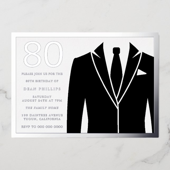Invitación Con Relieve Metalizado Black Suit & Tie 80th Birthday Party Silver (Anverso)