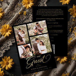Invitación Con Relieve Metalizado Black Trendy Collage 4 Photos Luxury Script 