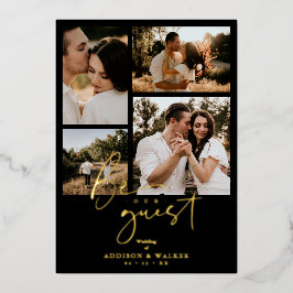Invitación Con Relieve Metalizado Black Trendy Collage Boda 4 fotos Real Golden