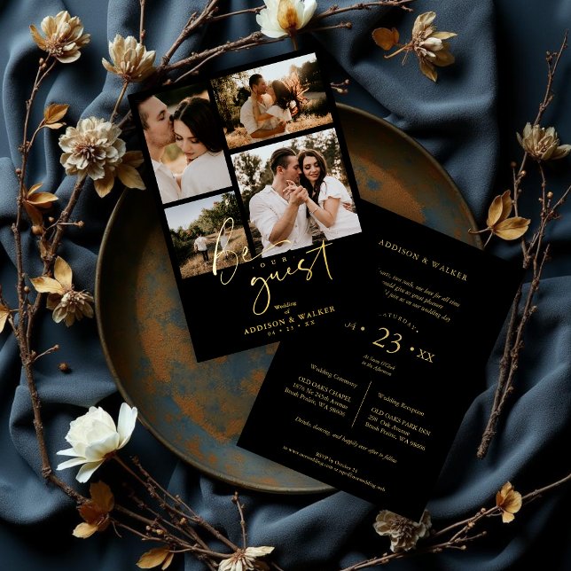 Invitación Con Relieve Metalizado Black Trendy Collage Boda 4 fotos Real Golden (Black Trendy Collage Wedding 4 photos Real Golden Foil Invitation Card with Envelope.)