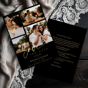 Invitación Con Relieve Metalizado Black Trendy Collage Boda 4 Fotos Real Golden