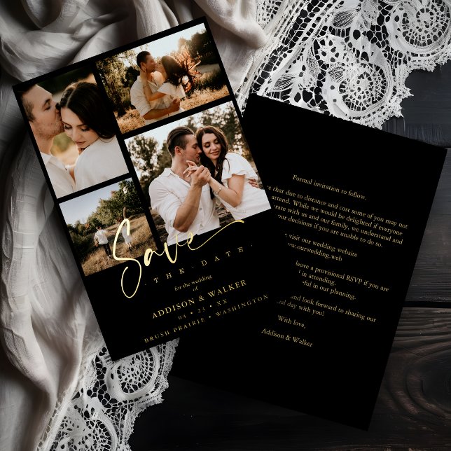 Invitación Con Relieve Metalizado Black Trendy Collage Boda 4 Fotos Real Golden (Subido por el creador)