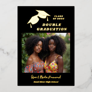 Invitación Con Relieve Metalizado Black Two Brothers Double Graduation Gold
