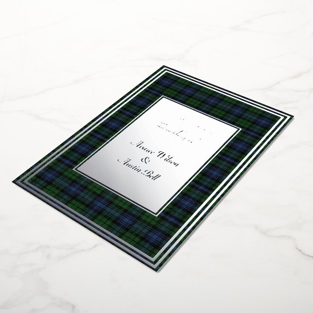 Invitación Con Relieve Metalizado Black Watch Antiguo Tartán Original Plata (girado)