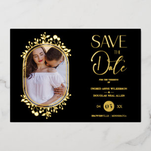 Invitación Con Relieve Metalizado Black Wedding Fancy Ornament Frame Flowers Photo