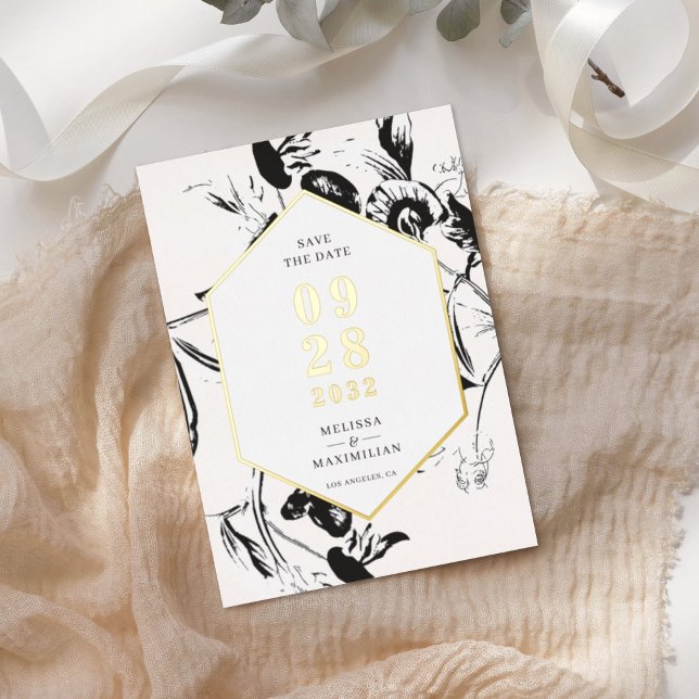 Invitación Con Relieve Metalizado Black & White floral geo gold frame save date (Subido por el creador)