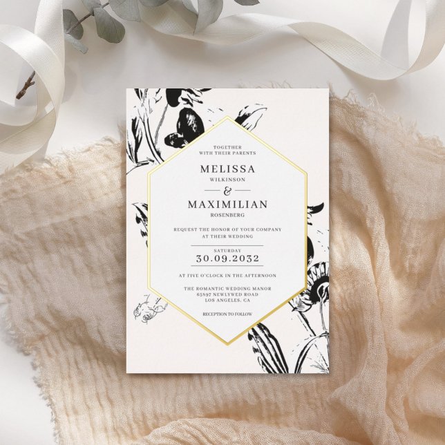 Invitación Con Relieve Metalizado Black & White floral geometrical gold frame (Subido por el creador)