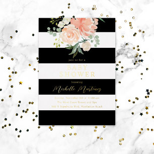 Invitación Con Relieve Metalizado Black White Strike Floral Baby Shower Gold