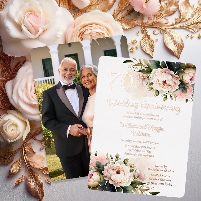 Invitación Con Relieve Metalizado Blanca |Fiesta del 70 aniversario Boda Peonies Pin (Elegant White and Pink Peonies 70th Wedding Anniversary Party Rose Gold Foil Invitation - Print Only)