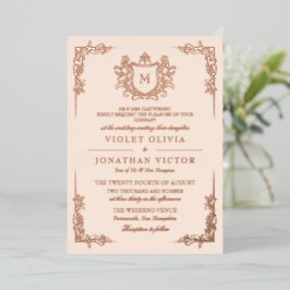 Invitación Con Relieve Metalizado Blanco Antiguo Monograma de Escudo Vintage Dibujad