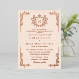 Invitación Con Relieve Metalizado Blanco Antiguo Monograma de Escudo Vintage Dibujad