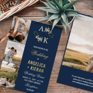 Invitación Con Relieve Metalizado Blanco Azul Floral Monograma Fotos Boda Oro Foi