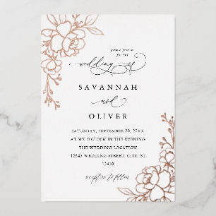 Invitación Con Relieve Metalizado Blanco floral dorado, negro y Boda de Relieve meta