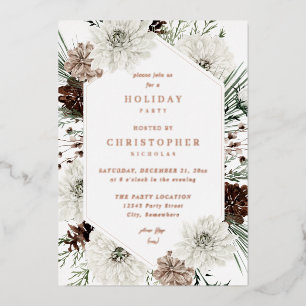 Invitación Con Relieve Metalizado Blanco Invernal Floral y Pino Navidad o Fiesta