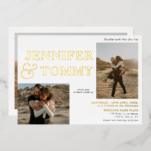 Invitación Con Relieve Metalizado Blanco negro negrita nombres dorados 3 fotos boda