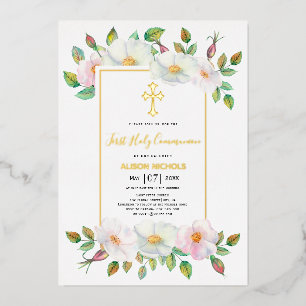 Invitación Con Relieve Metalizado Blanco, rosa rosa salvaje chica floral Primer oro