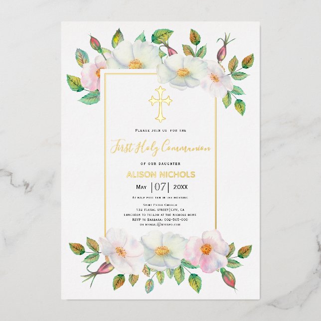 Invitación Con Relieve Metalizado Blanco, rosa rosa salvaje chica floral Primer oro  (Anverso)