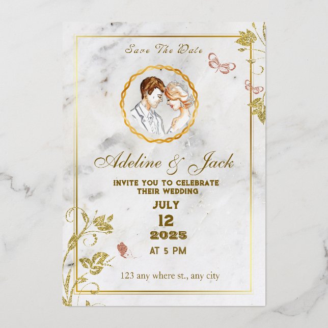 Invitación Con Relieve Metalizado Blanco y Dorado Elegante (Anverso)