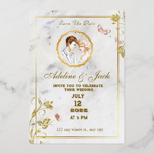 Invitación Con Relieve Metalizado Blanco y Dorado Elegantes