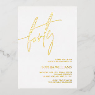 Invitación Con Relieve Metalizado Blanco y Oro Minimalista 40 cumpleaños