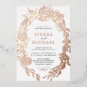 Invitación Con Relieve Metalizado Blanco y Rosa Oro Floral   Boda de Jardín Elegante
